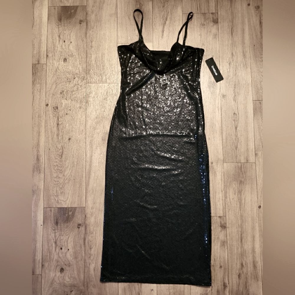 Bebe Cowl Neck Shimmer Maxi Dress Black Size M - Picture 5 of 10